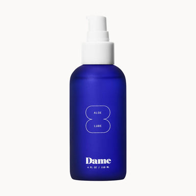Blue glass bottle of Dame Organic aloe vera intimate lubricant  Nudie Co