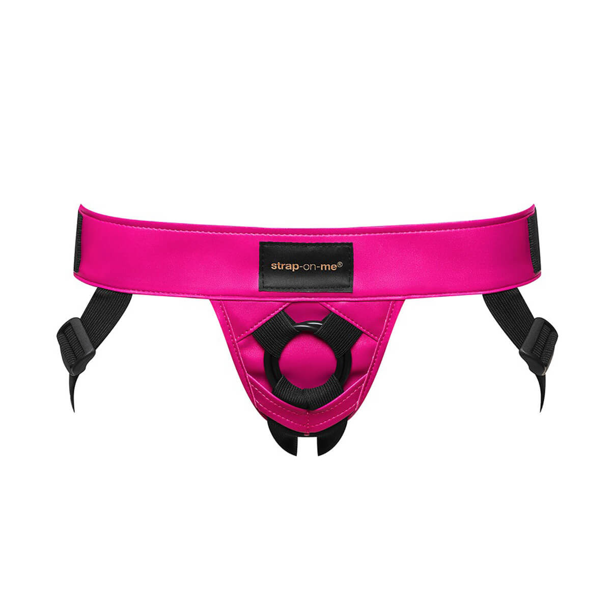 Fushia pink leatherette harness  with black straps and flexible ring to insert dildo  Nudie Co