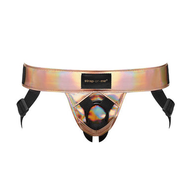 Holographic rose gold leatherette harness  with black straps and flexible ring to insert dildo  Nudie Co
