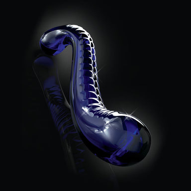 #D view of a blue curved glass dildo with irregular surface for g-spot stimulation over a black background Nudie Co