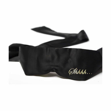 Black satin blindfolds printed with the word 'Shhh' in gold Nudie Co
