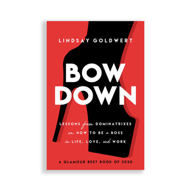 Red cover of Bow Down book with white text and black silhouette of a high heel shoe Nudie Co