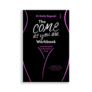 Workbook for sex positivity and woman empowerment with a black cover and a one-line female body illustration in pink Nudie Co
