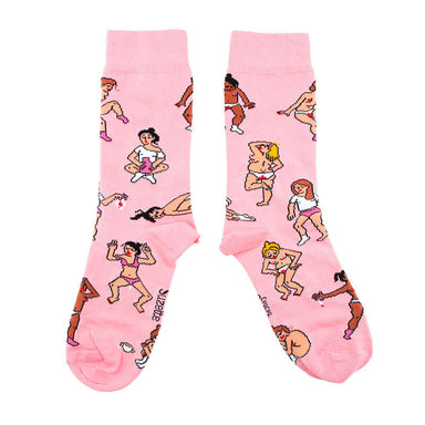 Pair of pink flat socks printed with women having their periods Nudie Co