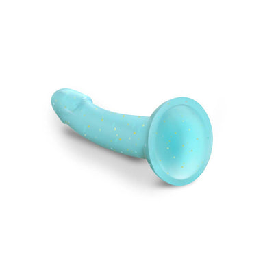 Bottom view of blue transparent dildo with gold star glitter Nudie Co