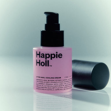 Purple glass pump bottle of cooling anal cream with menthol with a black lid Nudie Co