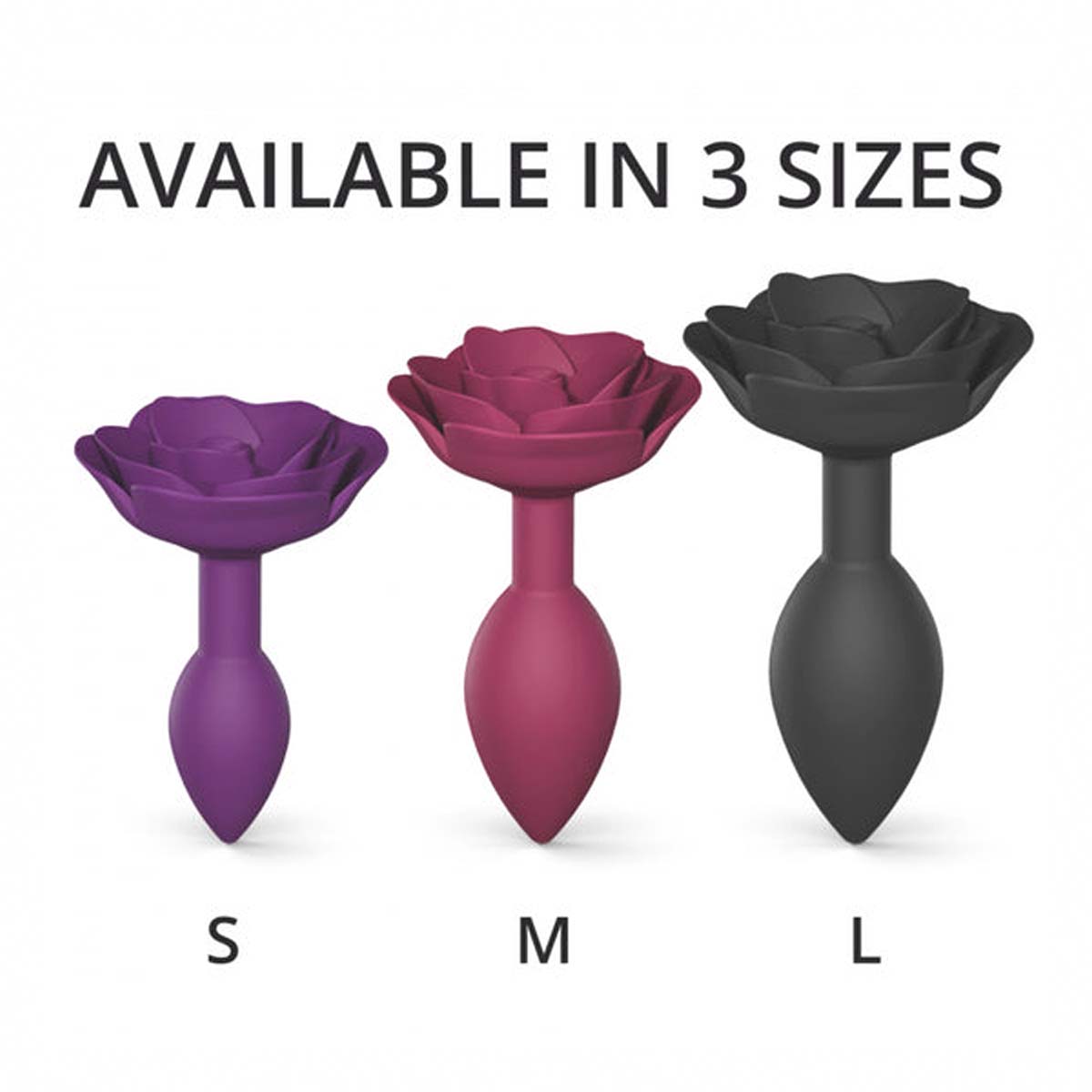 Three size butt plugs with rose-shaped tapered ends Nudie Co