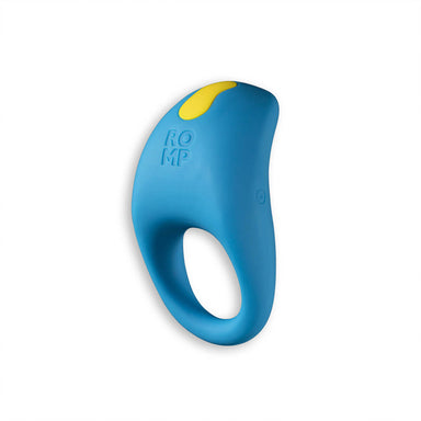 Blue silicone cock ring with a yellow button at the top Nudie Co