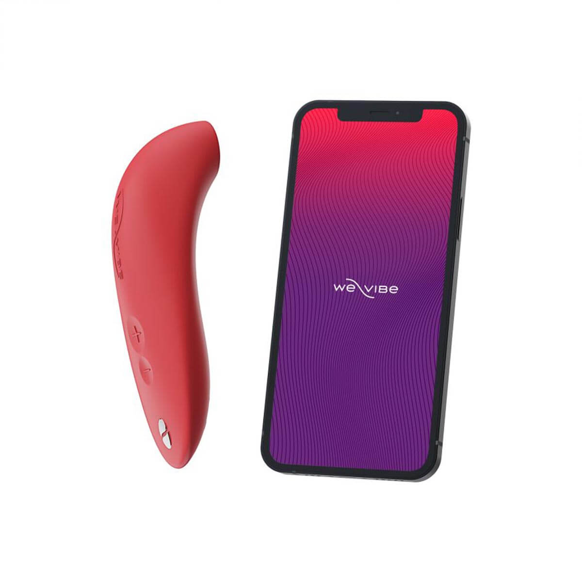 Orange silicone air pressure clitoral stimulator with smart phone displaying an app welcome screen Nudie Co