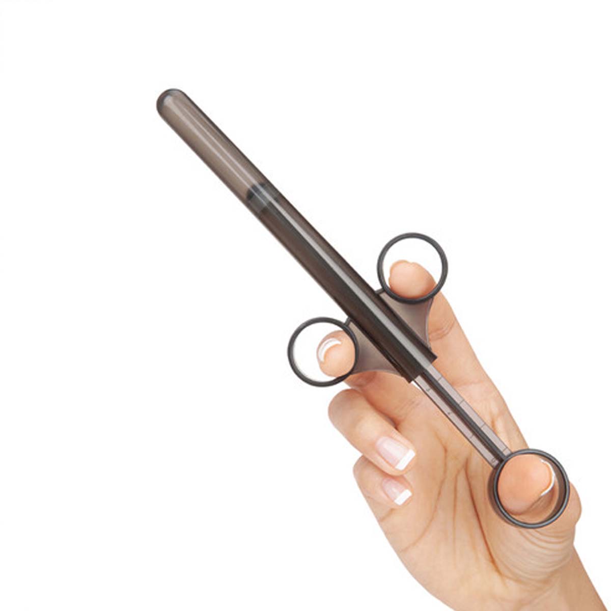 Female's hand holding a black body-safe syringe applicator for personal lubricant Nudie Co