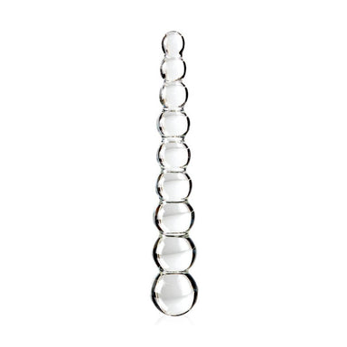 Hand-blown glass beaded dildo over a white background Nudie Co