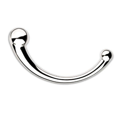 Side view of a curved stainless steel pleasure wand with two balls on either side Nudie Co
