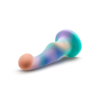 Side view of a blue, purple and orange gradient silicone dildo for G-spot or P-spot stimulation Nudie Co