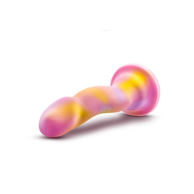 Side view of purple, orange and pink gradient silicone dildo with curvy shape for G-spot or P-spot stimulation Nudie Co