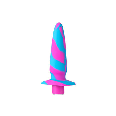 Stripy blue and pink silicone plug with vibrating component for internal stimulation Nudie Co