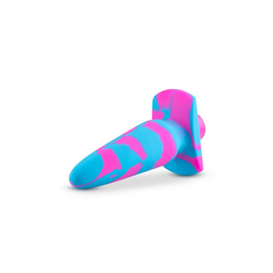 Side view of stripy blue and pink silicone plug with vibrating component for internal stimulation Nudie Co
