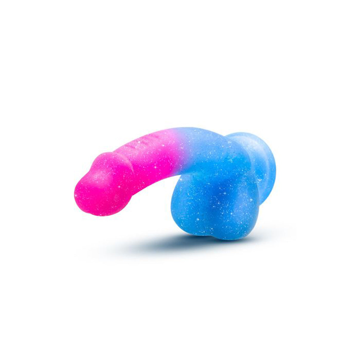 Front view of sparkly ombre blue and pink silicone dildo with suction cup Nudie Co