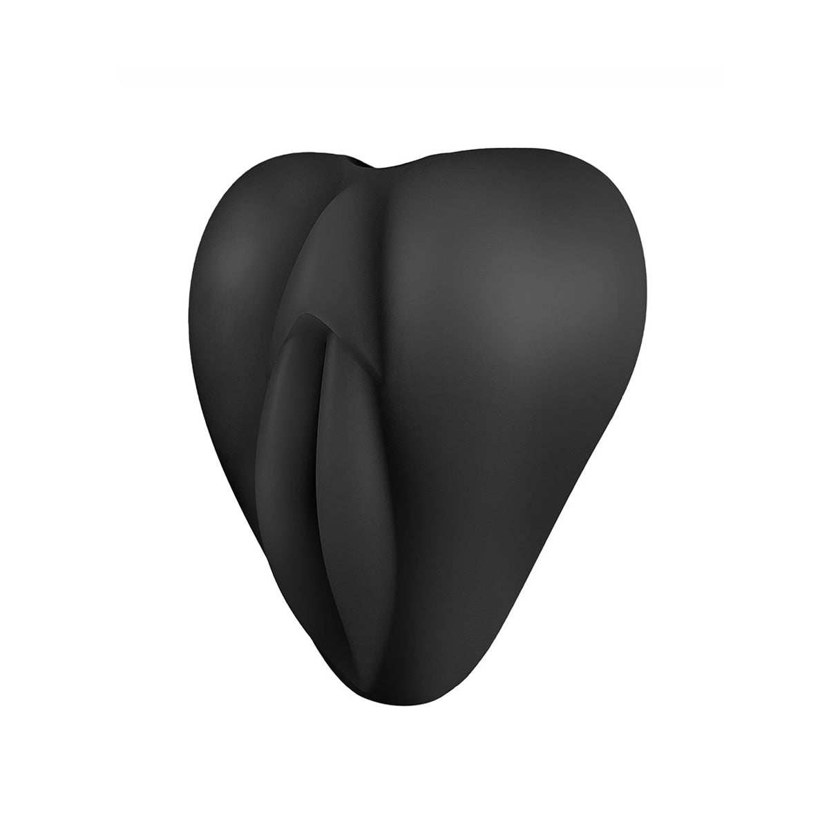 Side view of a black silicone base for dildo shaped like a vulva for grinding and stroking Nudie Co