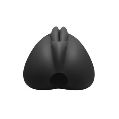 Side view of a Black silicone base for dildo shaped like a vulva with a hole to insert bullet vibrator Nudie Co