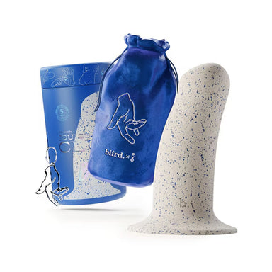 Thick and short speckled white and blue silicone dildo with blue satin pouch and blue box over white background Nudie Co