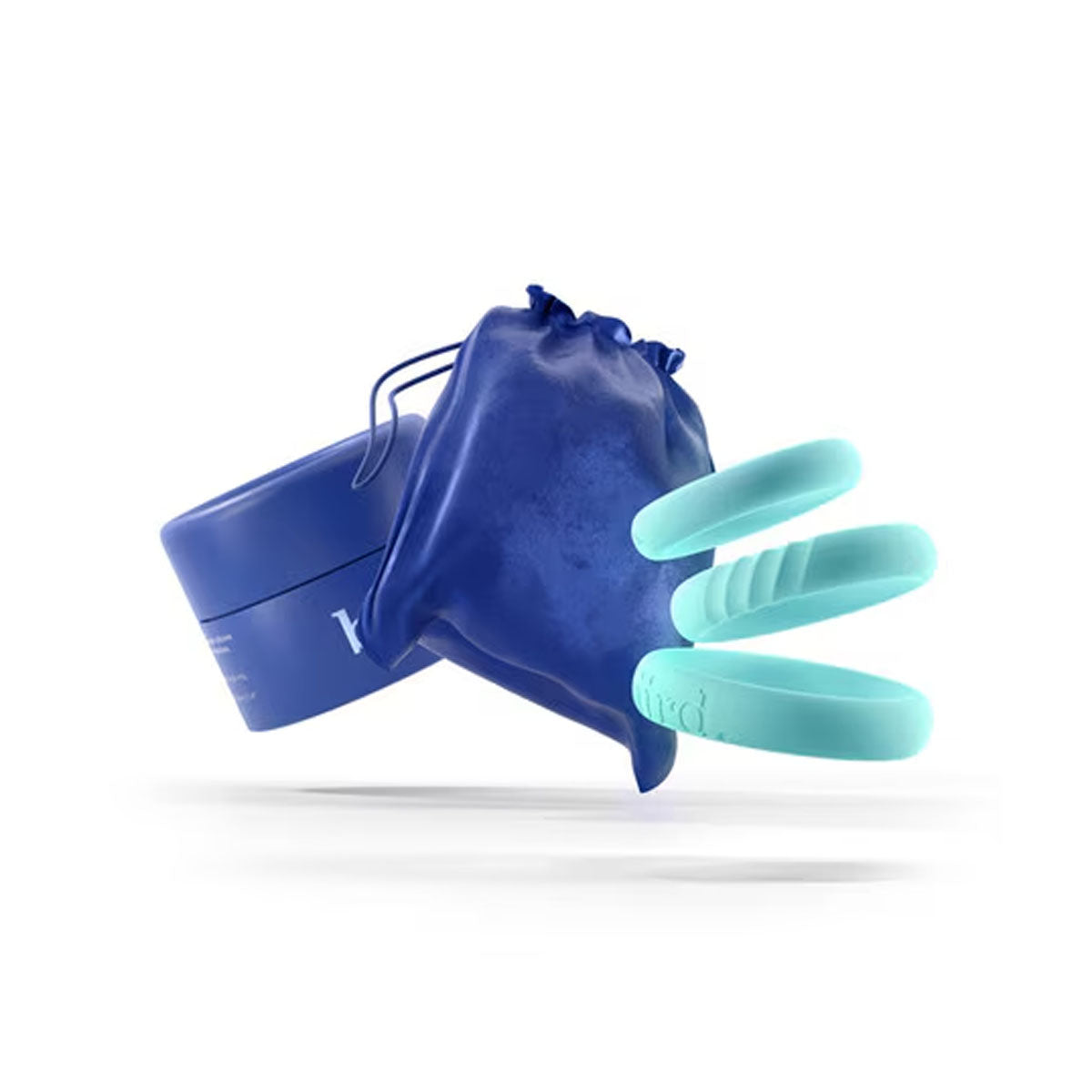 Set of three blue cock rings with blue satin pouch and blue box over white background Nudie Co