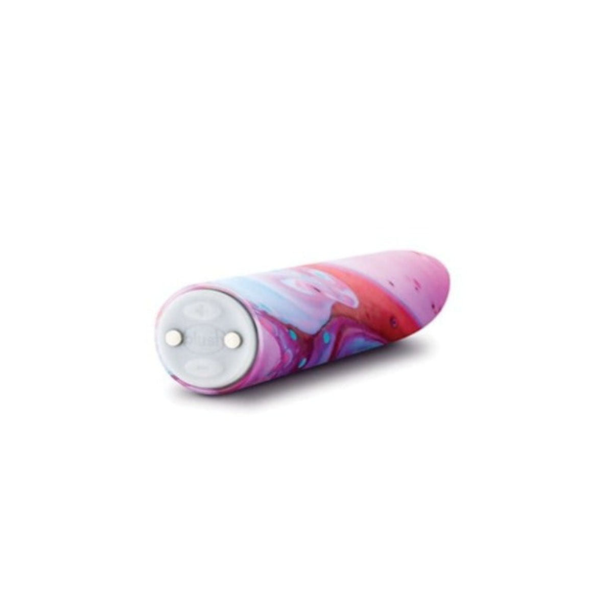 Bottom view of a marbled pink and blue silicone power bullet vibrator with two button and magnetic charging  ports Nudie Co