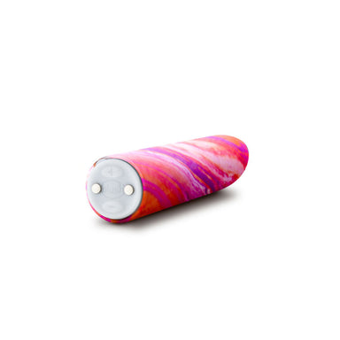 Bottom view of a marbled purple and orange silicone power bullet vibrator with two button and magnetic charging  ports Nudie Co