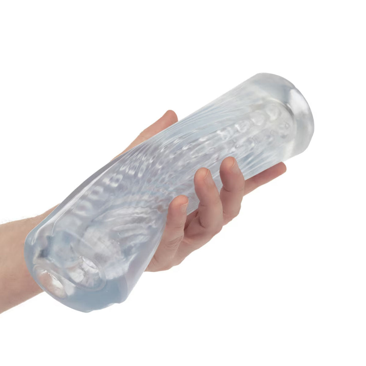 Hand holding a Cyclone Dual Ribbed Stroker XL in clear TPE on white background Nudie Co