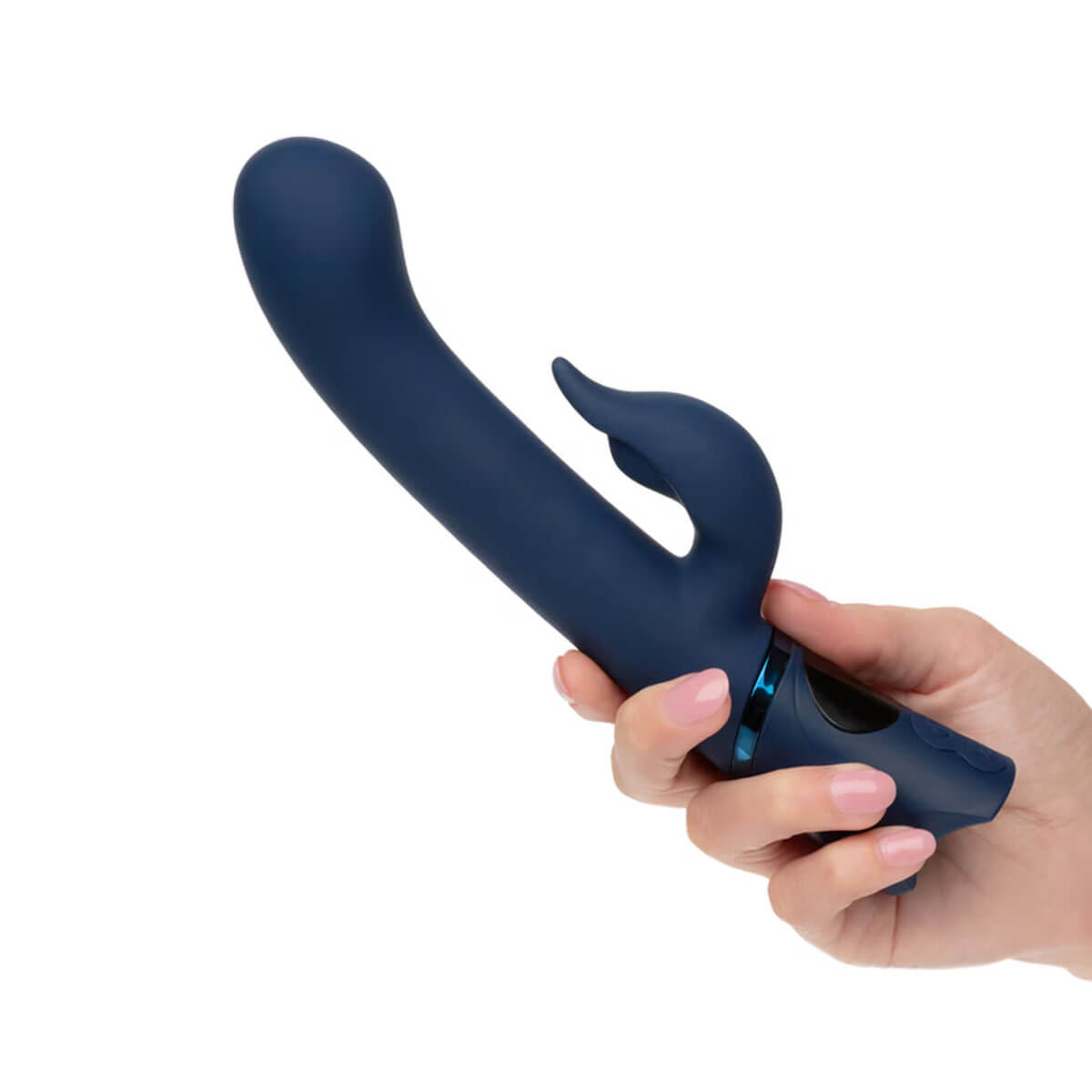 Blue electronic rabbit vibrator held in a hand against a white background Nudie Co