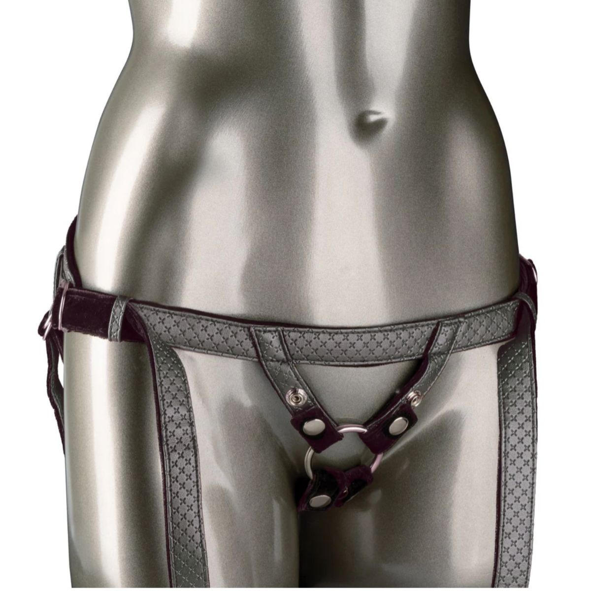 Crotchless adjustable harness with metal ring on a mannequin Nudie Co