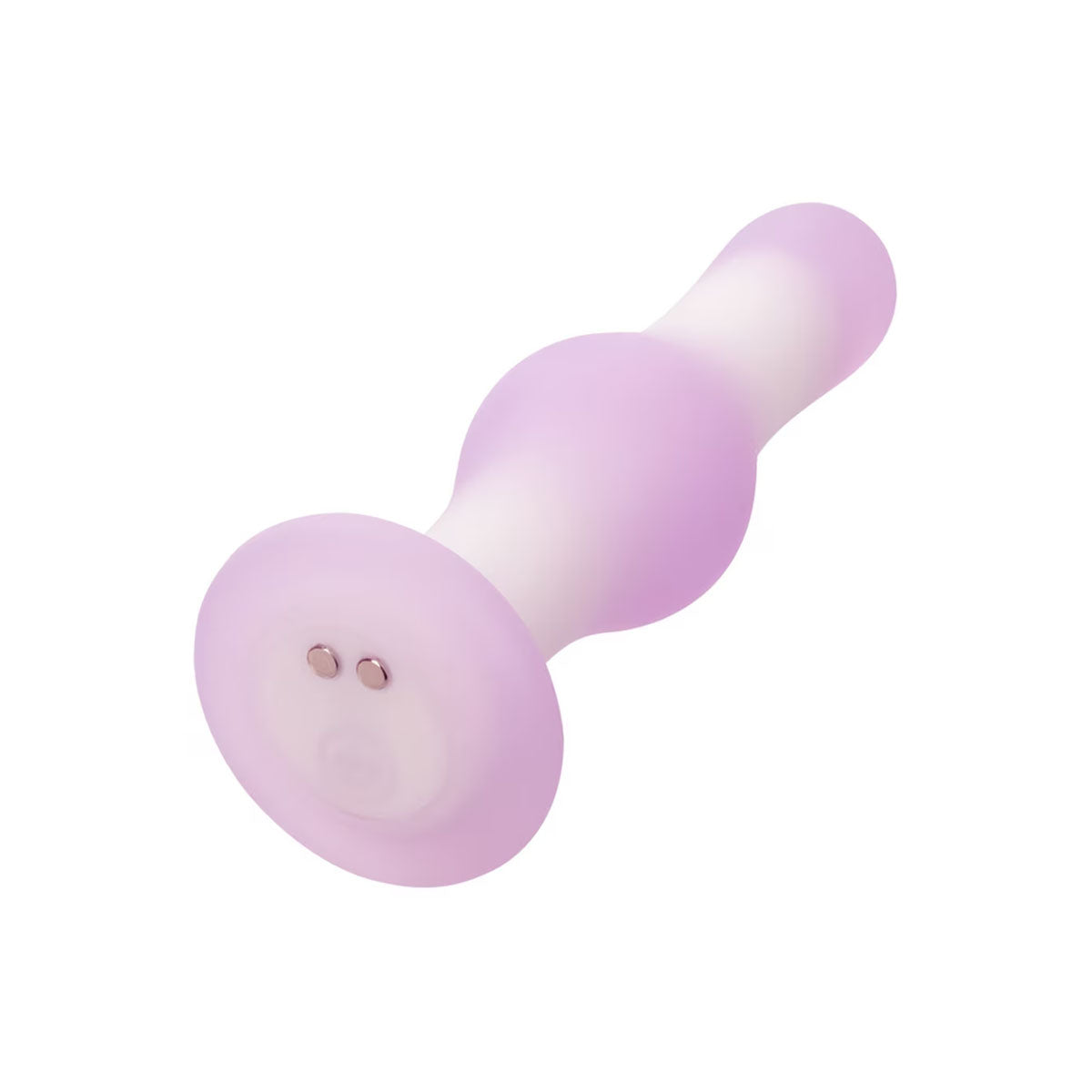 Purple and white silicone butt plug on a white background with charging pins at bottom Nudie Co