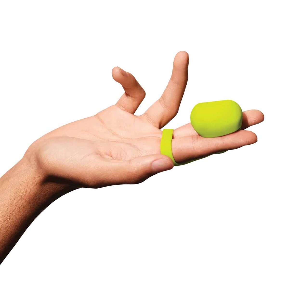 Someone's hand holding a bright green finger vibrator by Dame Products around their fingers Nudie Co