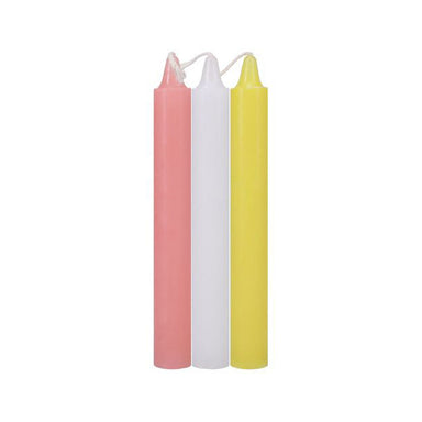 Pack of three pink, yellow and white candles for wax BSDM play Nudie Co