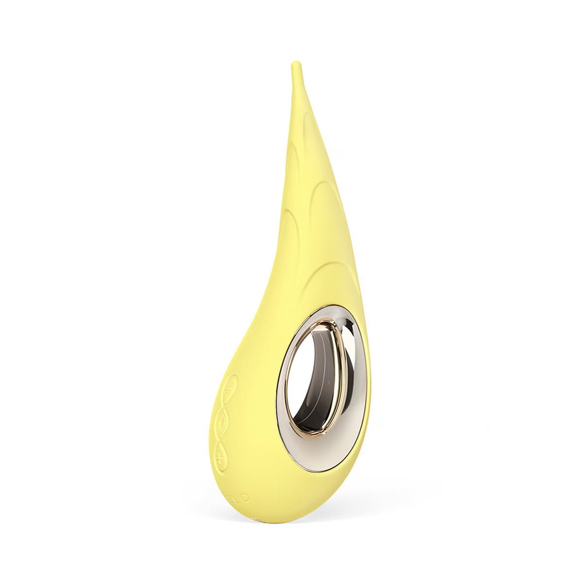 Yellow teardrop-shaped silicone clitoral vibrator with a metallic ring on a white background Nudie Co