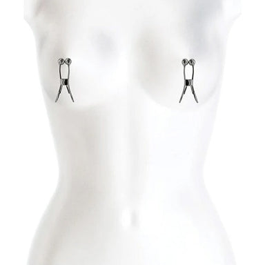Black metal nipple clamps with ball tips on a white mannequin Nudie Co
