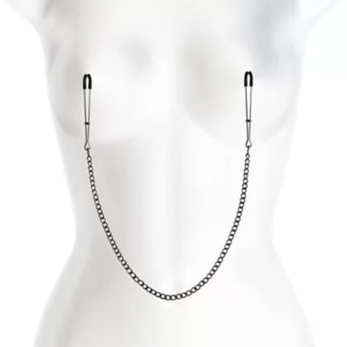 Silver metal nipple clamps with chain and black silicone tips placed on white mannequin Nudie Co