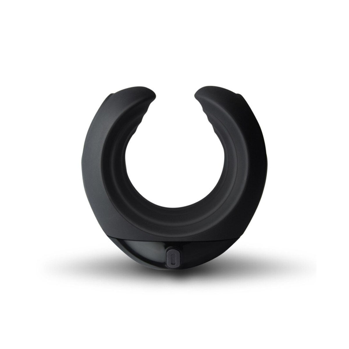 Black silicone vibrating cock ring on a white background Nudie Co
