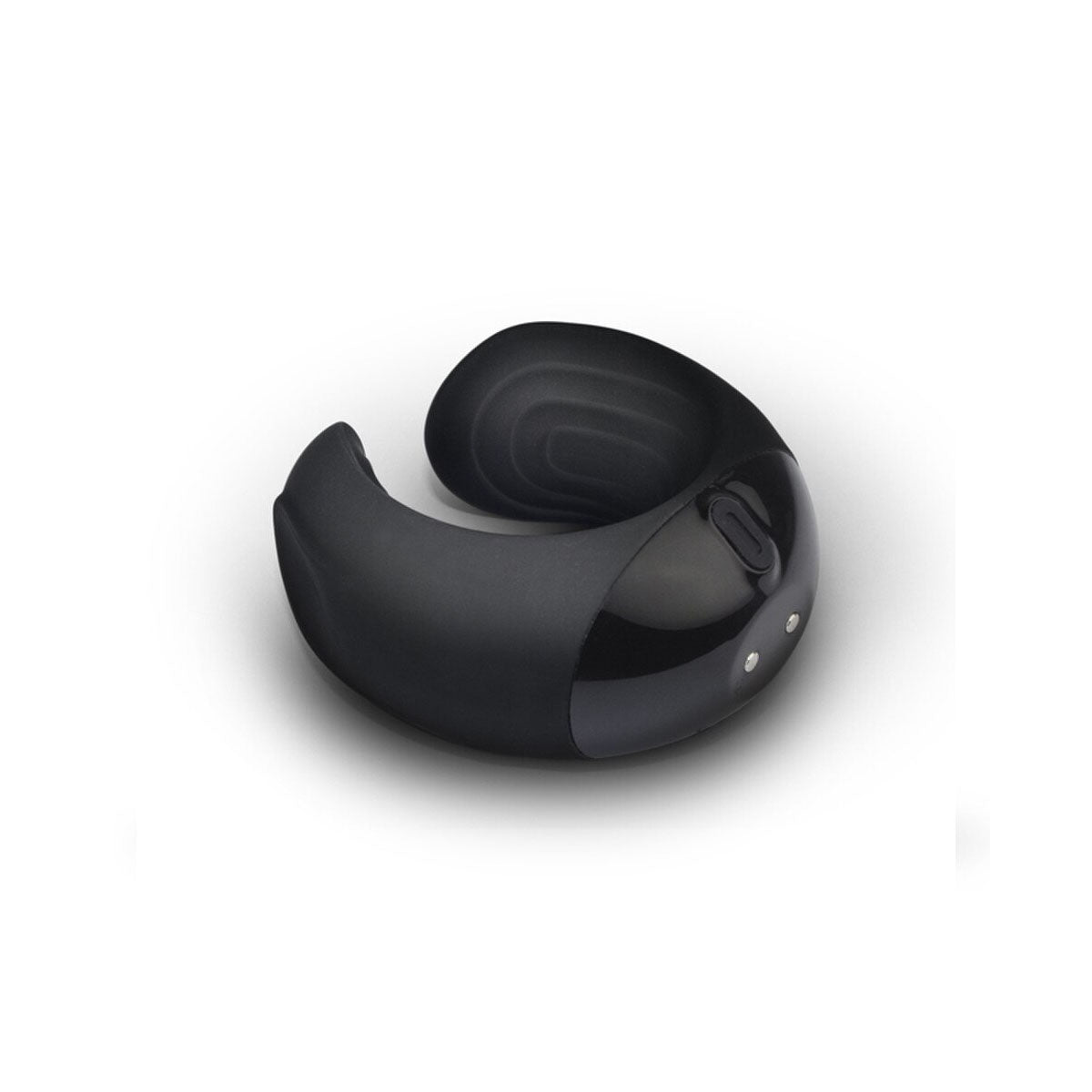 Side view of black silicone vibrating cock ring on a white background Nudie Co