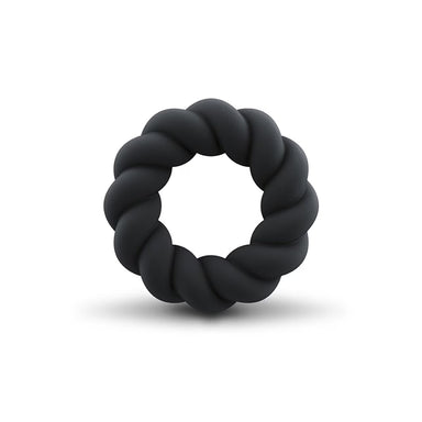 Black silicone twisted cock ring on a white background Nudie Co