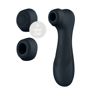 Satisfyer Pro 2 Gen 3 clitoral stimulator in dark grey on white background with 2 different caps Nudie Co
