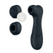 Satisfyer Pro 2 Gen 3 clitoral stimulator in dark grey on white background with 2 different caps Nudie Co