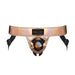 Holographic rose gold leatherette harness  with black straps and flexible ring to insert dildo  Nudie Co