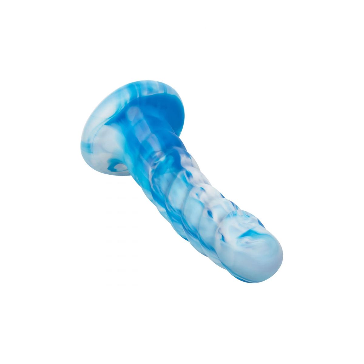 Front view of blue and white ribbed silicone dildo with suction cup Nudie Co