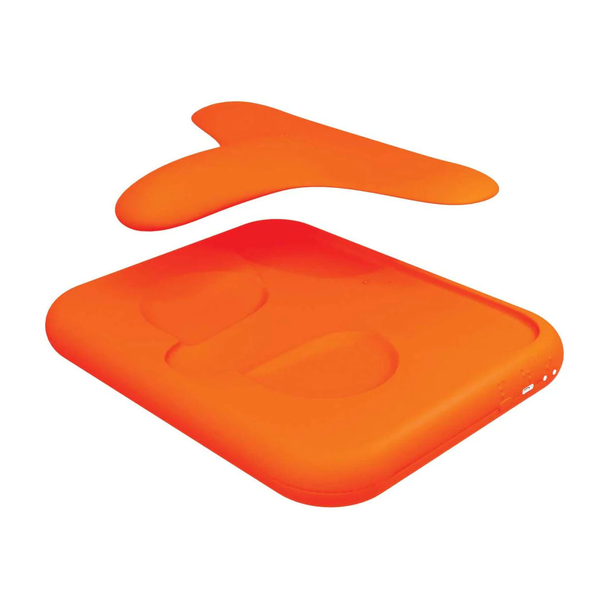 Orange flexible t-shaped silicone vibrator for all genders and its charging base Nudie Co