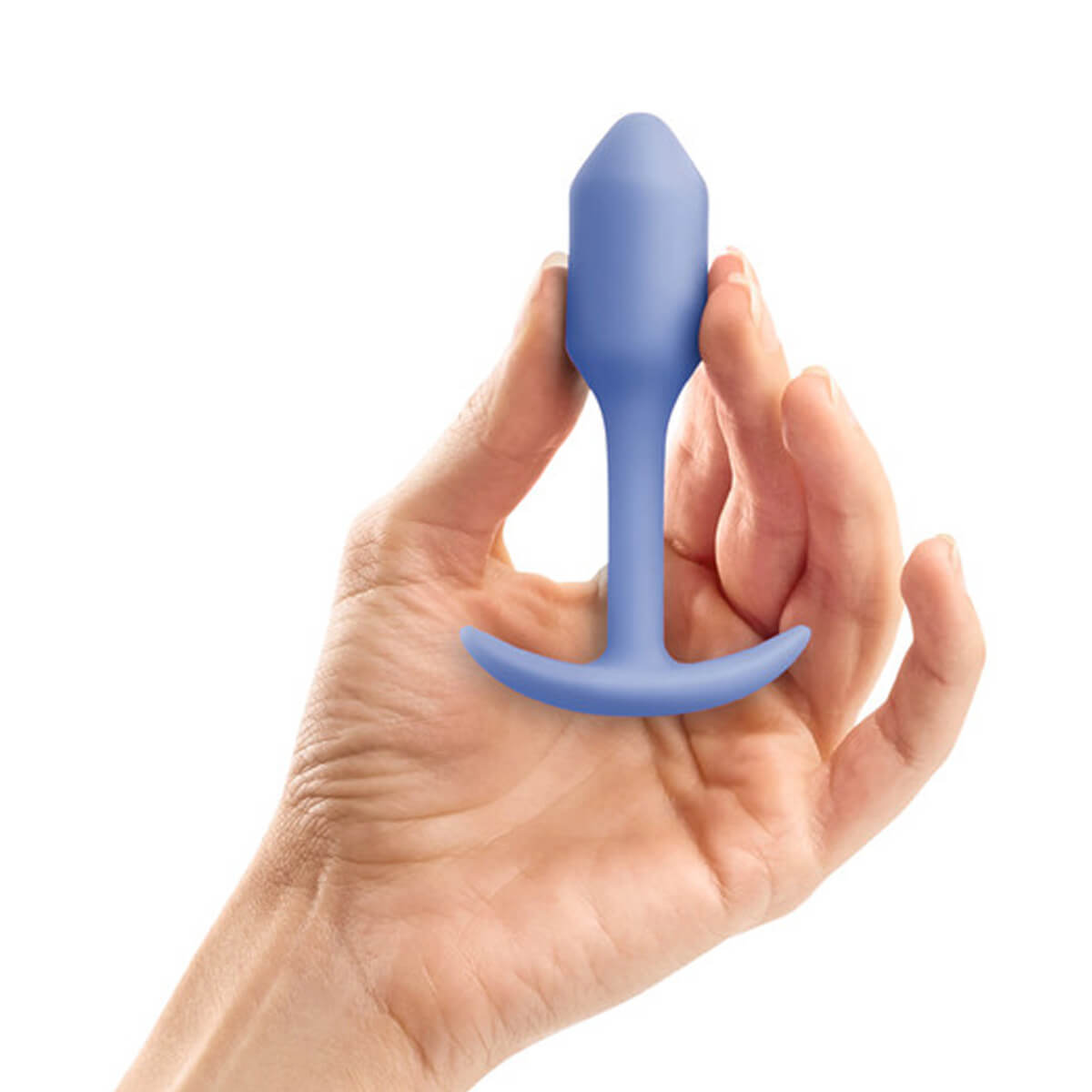 Hands holding a blue silicone butt plug with torpedo-shaped head Nudie Co