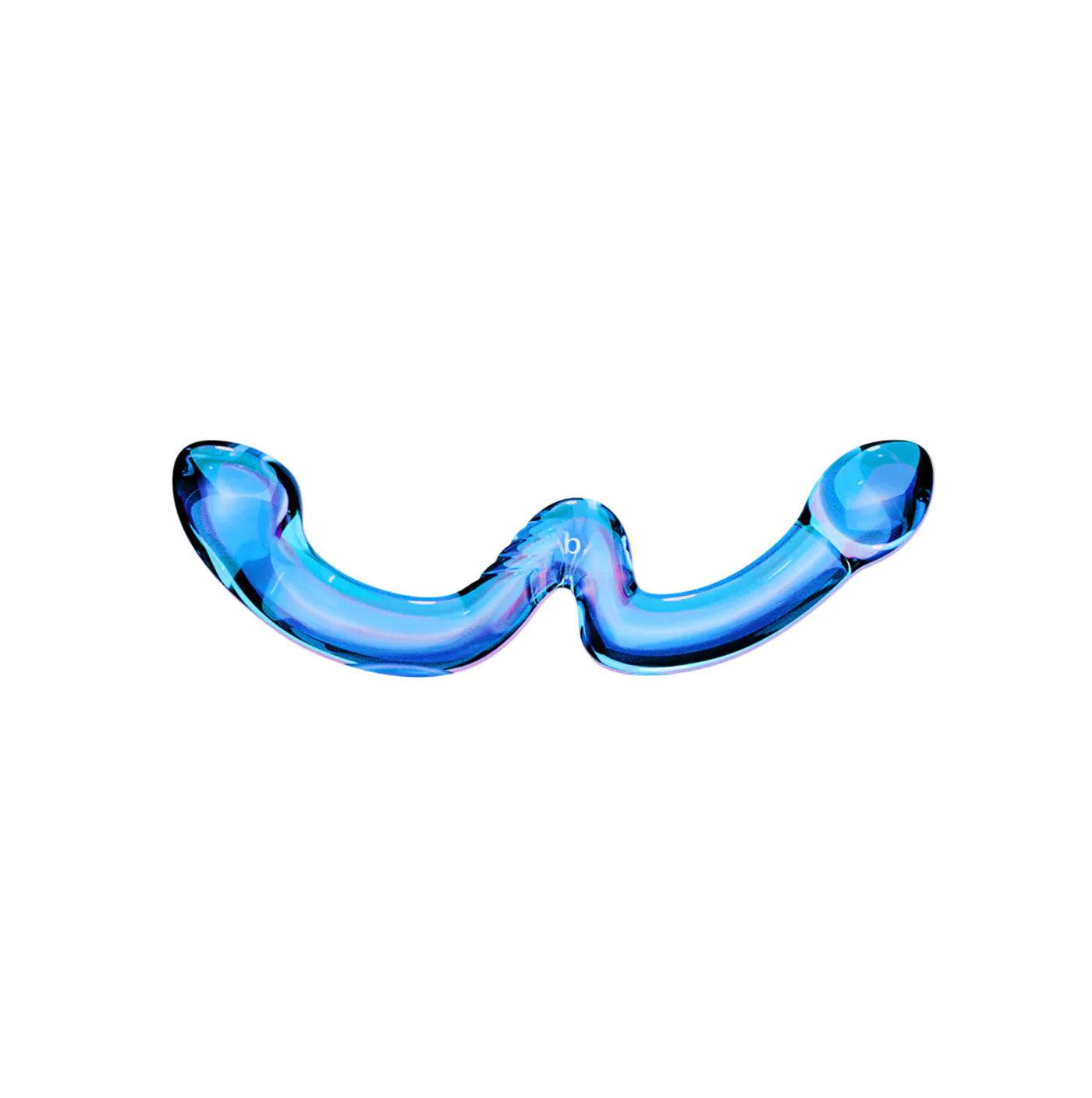 Iridescent blue double-ended glass dildo on white background Nudie Co