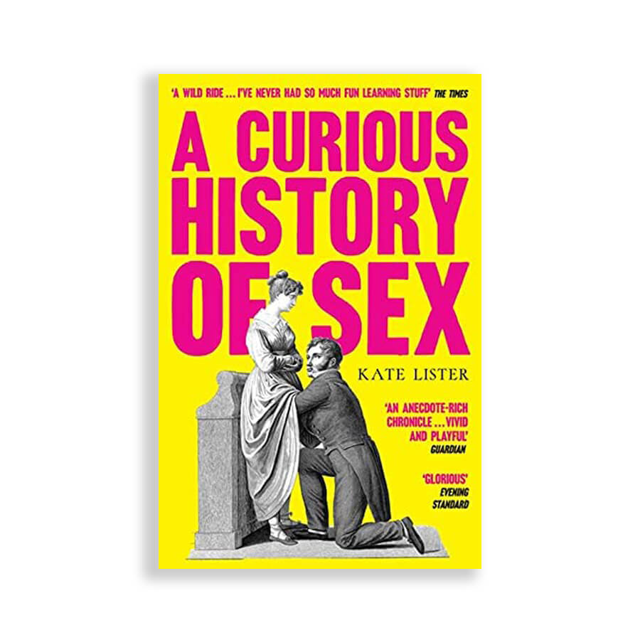 Bright yellow cover with bold pink text and a black and white illustration of a man examining a woman under her long dress Nudie Co