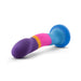 Side view of colourful stripy silicone dildo with suction cup bottom Nudie Co