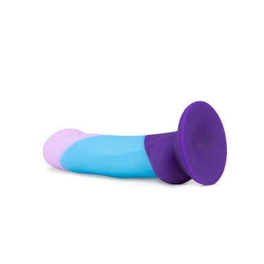 Bottom view of purple and blue silicone dildo with strong suction cup Nudie Co