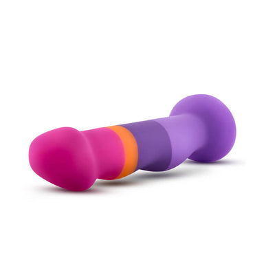 Side view of a large-size colourful silicone dildo with stripes Nudie Co